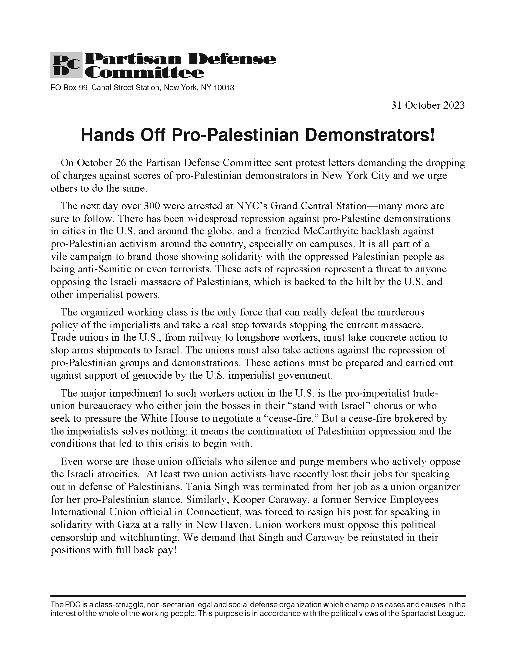 PDC Statement: Hands Off Pro-Palestinian Demonstrators!
