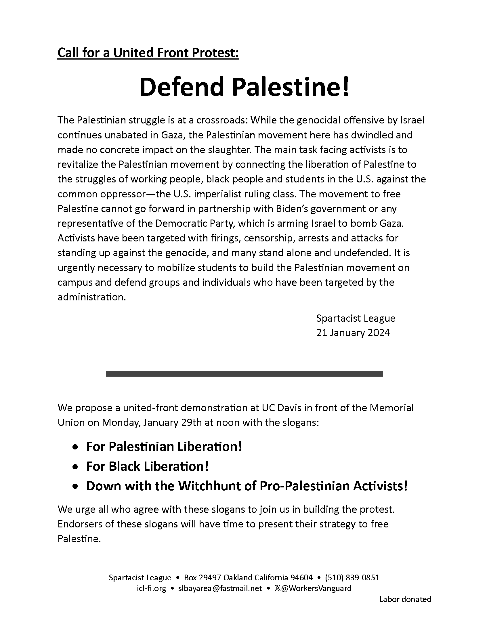 Call for a United Front Protest: Defend Palestine!