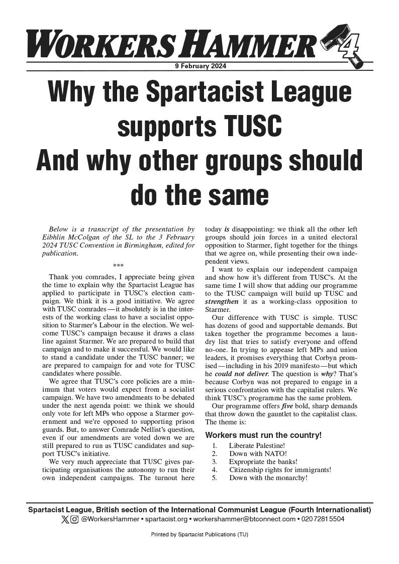 Why the Spartacist League supports TUSC - And why other groups should do the same